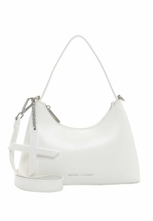 White leather handbag with a top handle, detachable shoulder strap, and a large cross-shaped charm attached by a chain.
