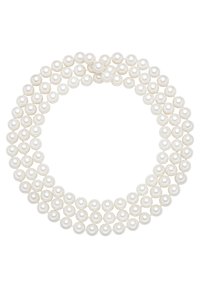 Perlekæde med flere rækker af runde, glinsende hvide perler, ensartet i størrelse og form, der danner et kontinuerligt cirkulært design.