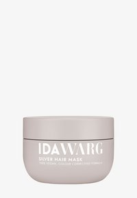 Maska do włosów IDAWARG w jasnobeżowym opakowaniu. Posiada wyraźny biały napis, okrągły kształt i gładką matową fakturę. Formuła 100% wegańska.