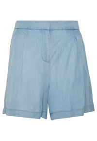 Světle modré denimové šortky s plisovaným předním dílem, ohrnutým lemem a pasem. Materiál má hladkou texturu a ležérní design.