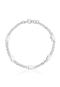 Pulsera de plata con diseño de cadena entrelazada y detalles florales pulidos. Textura suave y cierre con broche. Acabado reflectante.