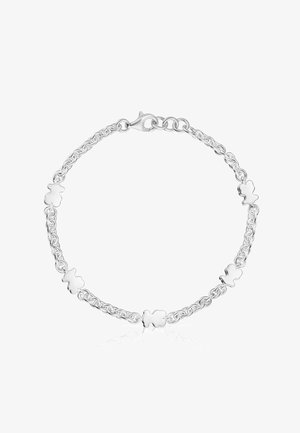 Srebrna bransoleta z połączonym wzorem łańcucha ozdobionym wypolerowanymi kwiatowymi akcentami. Gładka faktura i zapięcie na zatrzask. Odbijające światło wykończenie.