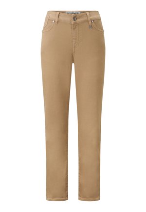 Tan pants made of soft cotton blend, features straight legs, belt loops, front pockets, and a button closure. Smooth texture, minimal detailing.