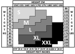 Size chart with varying sizes (S, M, L, XL, XXL) displayed in shades of grey. Includes measurements for height in cm and weight in kg/lbs.