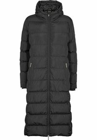 Zwarte pufferjas met een lange silhouet, doorgestikt ontwerp, ritssluiting en een capuchon. Voorzien van zijritszakken en een gladde, glanzende textuur.