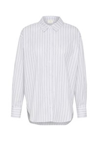 White button-up shirt with vertical stripes in pale blue and grey. Features a regular collar, long sleeves, and a curved hemline.