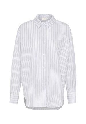 Fehér gombos ing világoskék és szürke függőleges csíkokkal. Rendszeres gallérral, hosszú ujjakkal és ívelt alsó szegéllyel rendelkezik.