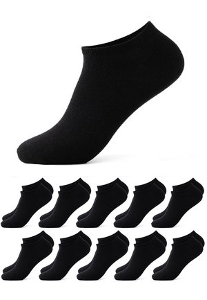 Set of ten pairs of black low-cut ankle socks displayed on a white background.