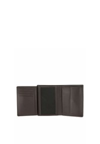 Portefeuille pliant marron foncé à trois volets, avec emplacements pour cartes à gauche, fenêtre d'identité en mesh au centre et poche à monnaie avec rabat à droite.