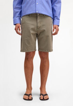 Mand iført olivengrønne knælange shorts, blåstribet langærmet skjorte og sorte flipflops, stående mod en ensfarvet hvid baggrund.