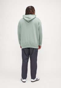 Lichtgroene hoodie met een relaxed fit, gecombineerd met donkergrijze cargo pants en witte sneakers met zwarte strepen.