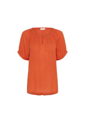 Orange Bluse mit kurzen Puffärmeln, gerafftem Ausschnitt und einem Knopfdetail an der Vorderseite. Leichtes Material mit glatter Textur.