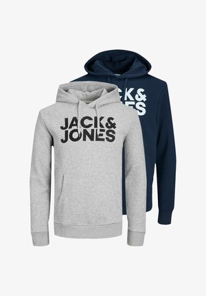 To hættetrøjer, den ene grå med sort "JACK & JONES" tekst og den anden marineblå med hvid delvist synlig tekst, vist lagdelt.