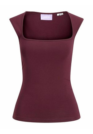 Mouwloos aansluitend topje in donker bordeaux met een brede vierkante halslijn, kleine kapmouwtjes en een maatlabel binnenin de kraag.