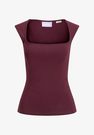 Mouwloos aansluitend topje in donker bordeaux met een brede vierkante halslijn, kleine kapmouwtjes en een maatlabel binnenin de kraag.
