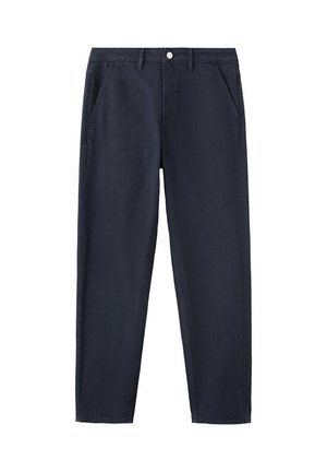 Pantalon bleu marine à jambes droites avec poches latérales, passants pour ceinture et fermeture à boutons à l'avant sur fond blanc.