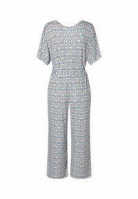 Gemusterter Jumpsuit mit kurzen Ärmeln, der ein geometrisches Muster in Blau, Weiß und Orange zeigt. Lockere Passform, weit geschnittenes Design.