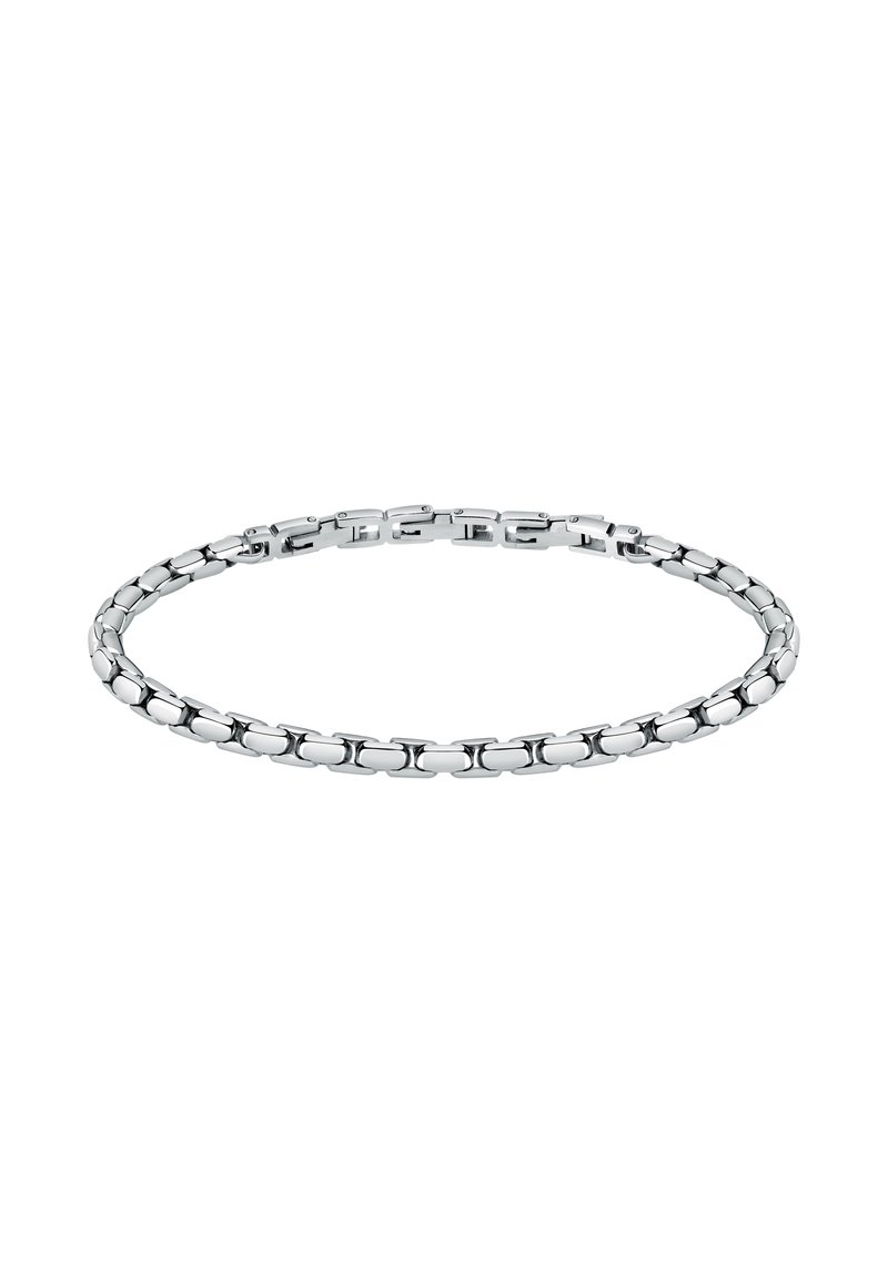 Braccialetto in argento con forme ovali collegate. Texture liscia, finitura lucida e chiusura sicura. Design leggero e minimalista.