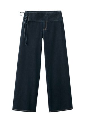 Jeans blu scuro a gamba larga con vita alta risvoltabile e dettaglio di laccio da annodare sul lato sinistro.