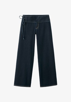 Donkerblauwe wijde jeans met een hoge omslagband en een strikkoorddetail aan de linkerkant.