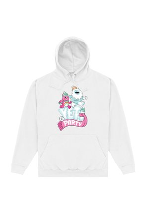 Biała bluza z kapturem z kolorową grafiką w stylu kreskówki przedstawiającą różowego niedźwiedzia i niebieskiego yeti, z napisem "TO PARTY" w różowym kolorze umieszczonym poniżej. Z przodu kieszeń kangurka.