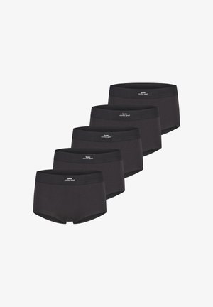 Vijf zwarte katoenen sportslips, gerangschikt in een verspringende rij, elk met een merkband aan de taille.