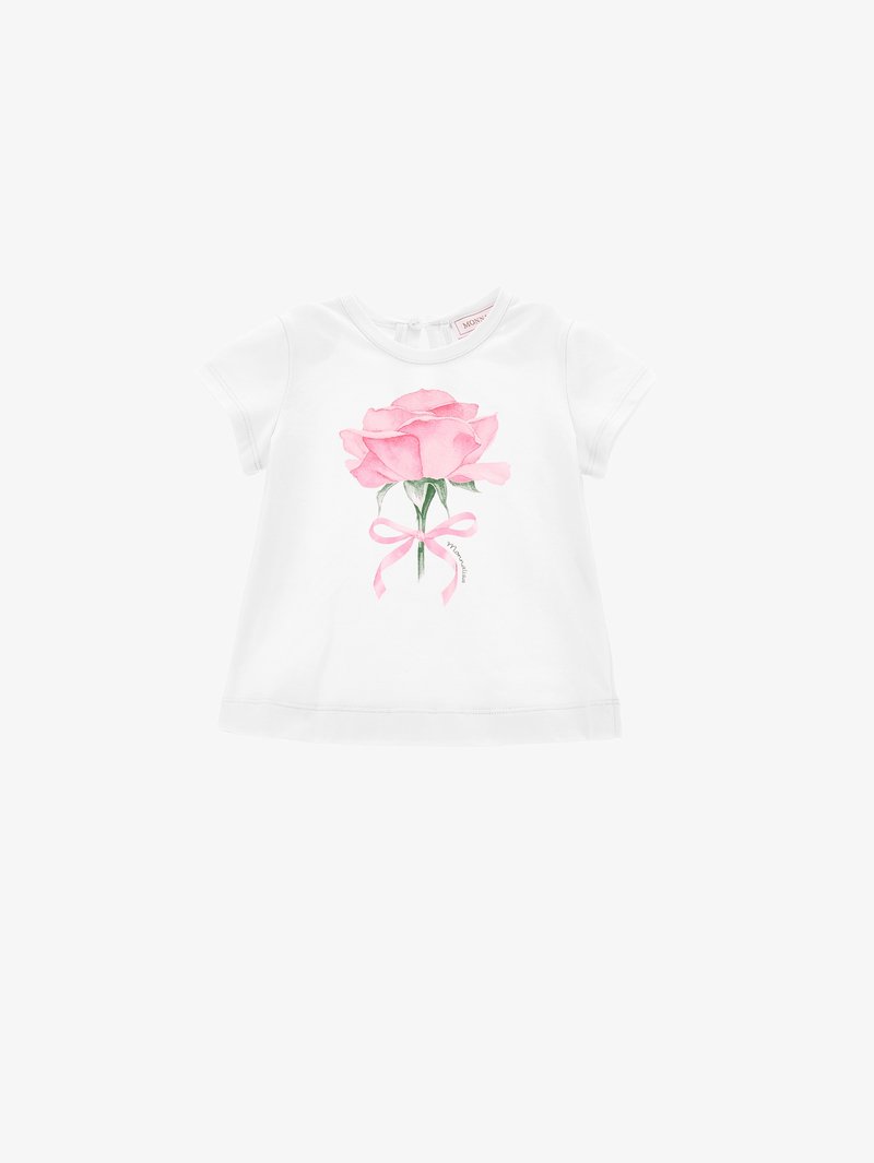 White short-sleeve t-shirt featuring a pink rose graphic with green leaves and a pink bow on the front. Soft cotton material.