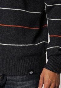 Mörkgrå randig tröja med vita och orange linjer, ribbade ärmslut och nederkant, med en svart Dickies-label i botten.