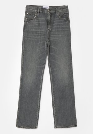 Grå denimjeans med rett ben-design, fem-lomme stil, subtilt slitasje og en klassisk knapp- og glidelås-lukking.