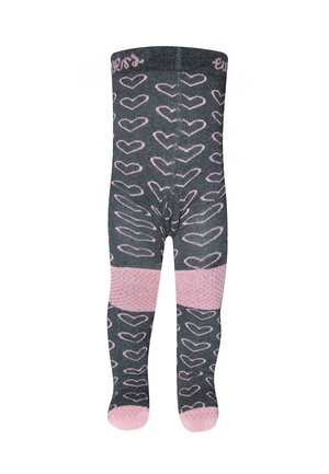 Graue Strumpfhosen mit einem rosa Herzmuster, die an den Knöcheln kontrastierende rosa Akzente aufweisen. Hergestellt aus weichem, dehnbarem Stoff.