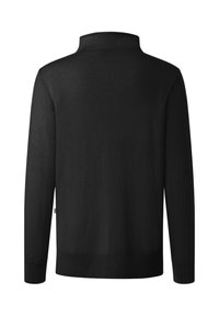 Pull noir à manches longues avec un col montant. Texture douce, ourlet et poignets côtelés. Design simple sans logos ni motifs visibles.