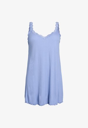 Jasnoniebieska koszula nocna bez rękawów z miękkiego materiału, z koronkowym dekoltem w falbanki i zwiewnym krojem z falowanym wykończeniem.