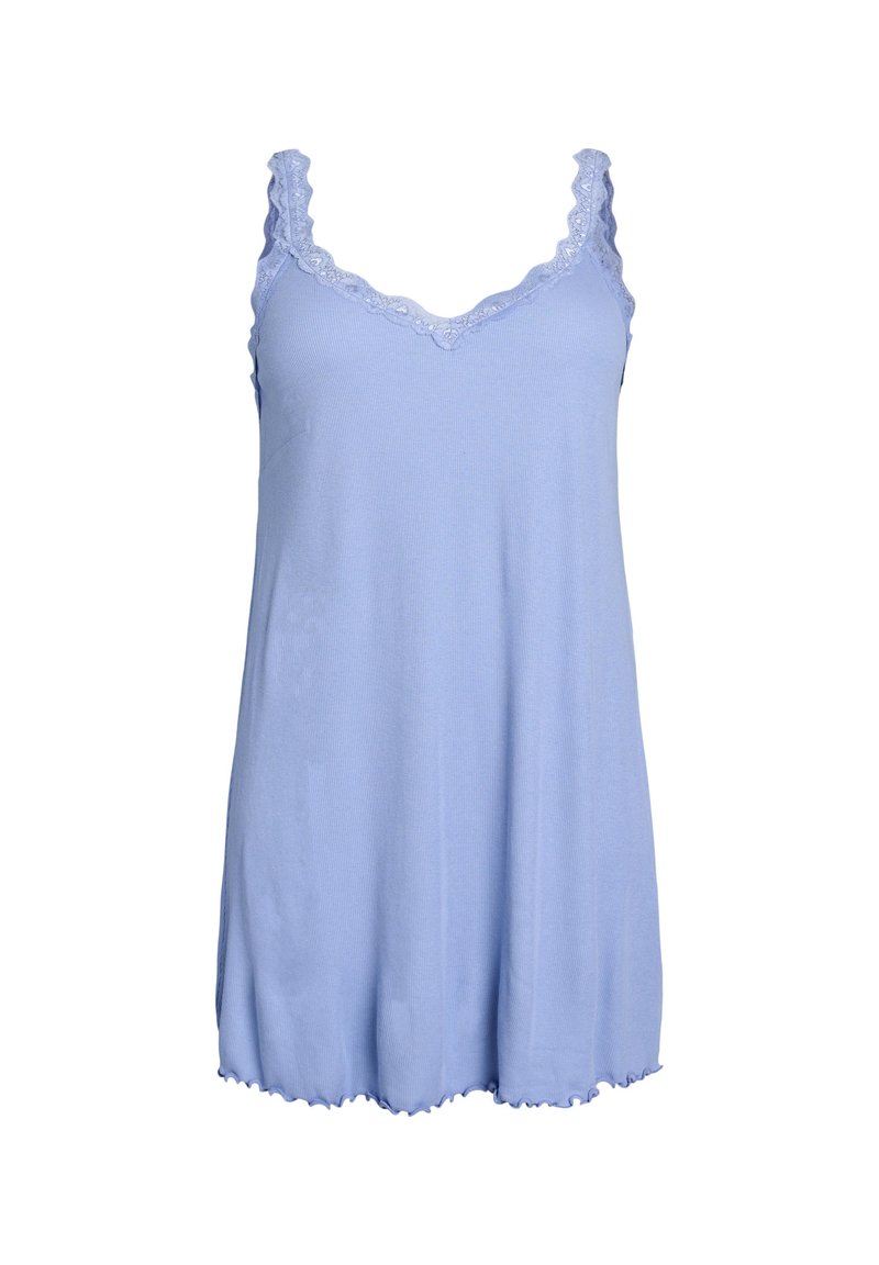 Camicia da notte senza maniche di un azzurro chiaro in morbido tessuto, con scollo in pizzo ondulato e un design fluido con orlo ondulato.