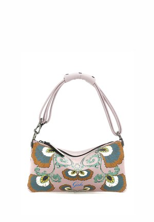 Borsa lilla con doppio cinturino, decorata con motivi floreali e astratti colorati in blu, marrone, verde e giallo, chiusura con zip.