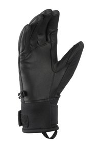 Black leather glove with an elastic cuff and Velcro strap, featuring a textured palm and three articulated fingers for flexibility.