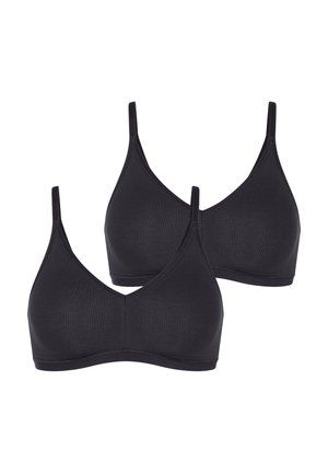 Zwarte bralette set met een gladde, rekbare stof, driehoekige cups, dunne verstelbare bandjes en een naadloos ontwerp.