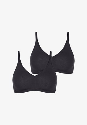 Conjunto de bralette negro que presenta una tela suave y elástica, copas triangulares, tirantes finos ajustables y un diseño sin costuras.