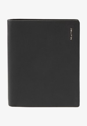 Black leather wallet with a smooth texture, featuring a metallic logo accent and a rectangular shape. Simple and minimalism design.