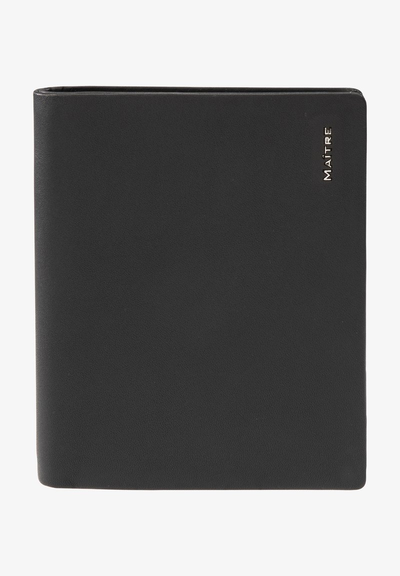 Black leather wallet with a smooth texture, featuring a metallic logo accent and a rectangular shape. Simple and minimalism design.