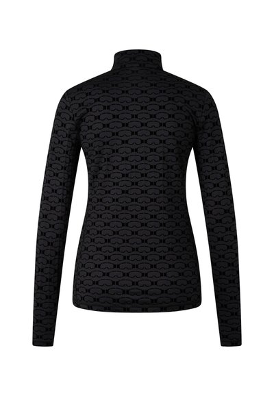 Μαύρο τοπ με μακριά μανίκια και ψηλό γιακά, με ανάγλυφο σχέδιο από σχήματα γυαλιών. Το ύφασμα φαίνεται να είναι ελαστικό και εφαρμοστό.