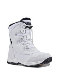 Botas de nieve aisladas en blanco con tejido texturizado, suela de goma, cordones ajustables, suave forro de piel y puntera reforzada.