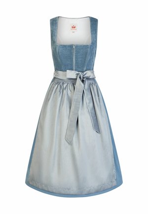 Blauwe traditionele dirndl-jurk met een voorrits korset, vierkante halslijn en een gebonden satijnen schort rond de taille.