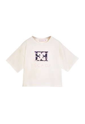 Short cream-colored cropped T-shirt with wide sleeves, featuring a large patterned "E" logo and "ESCADA" text in light pink.