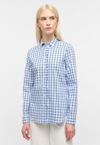 Light blue and white checkered shirt, button-up design, long sleeves, featuring a classic collar and white buttons along a center placket.