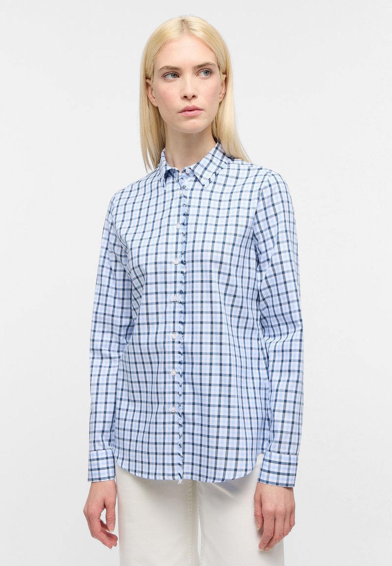 Light blue and white checkered shirt, button-up design, long sleeves, featuring a classic collar and white buttons along a center placket.