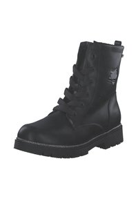 Bottines en cuir noir avec un bout rond, un laçage et une semelle accentuée de métal argenté. Présente un logo en forme d'étoile sur le côté.