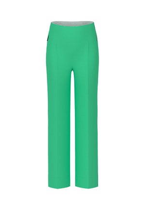 Green high-waist straight-leg trousers with side zipper pockets and a smooth waistband on a white background.