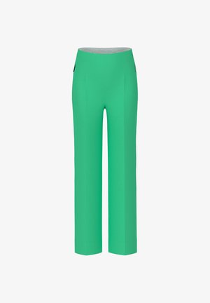 Green high-waist straight-leg trousers with side zipper pockets and a smooth waistband on a white background.