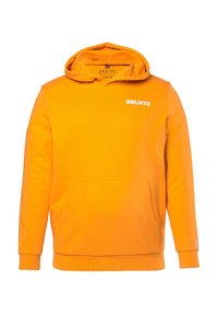 Pomarańczowy hoodie wykonany z miękkiego materiału, z przednią kieszenią, kapturem ze sznurkiem oraz napisem "UNLMTD" nadrukowanym na białym tle na klatce piersiowej.