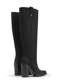 Black knee-high boots made of suede feature a square toe, chunky heel, side stitching, and a loop at the top for easy wear.